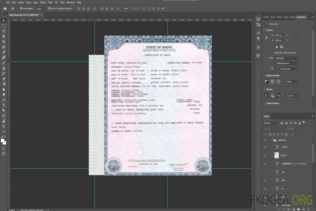 Modèle de certificat de décès de l'État de l'Idaho aux États-Unis au format PSD template